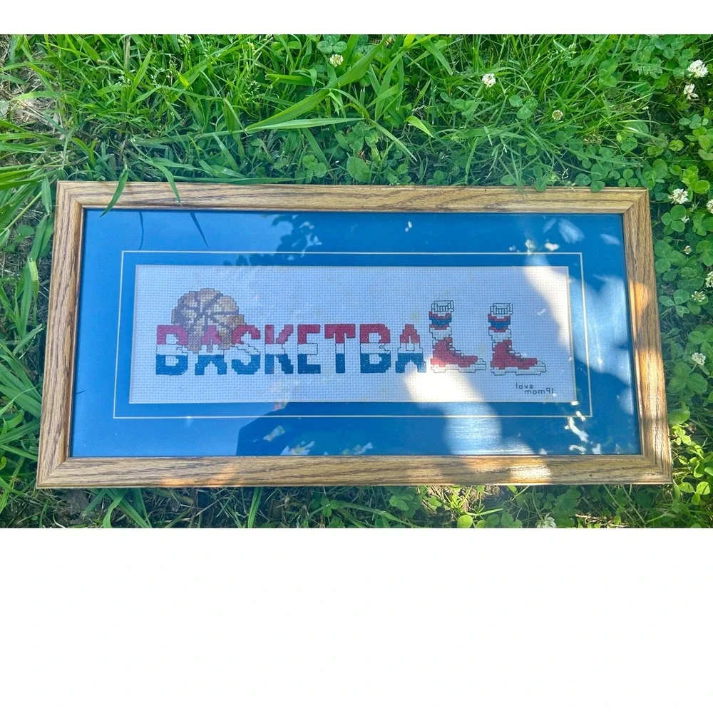 Handmade Basketball Cross Stitch Framed Art 16x8 Blue Red Wood 90s Vintage Good
